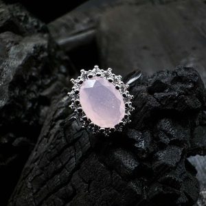 Elegant Oval Pink Rose Quartz Halo Ring