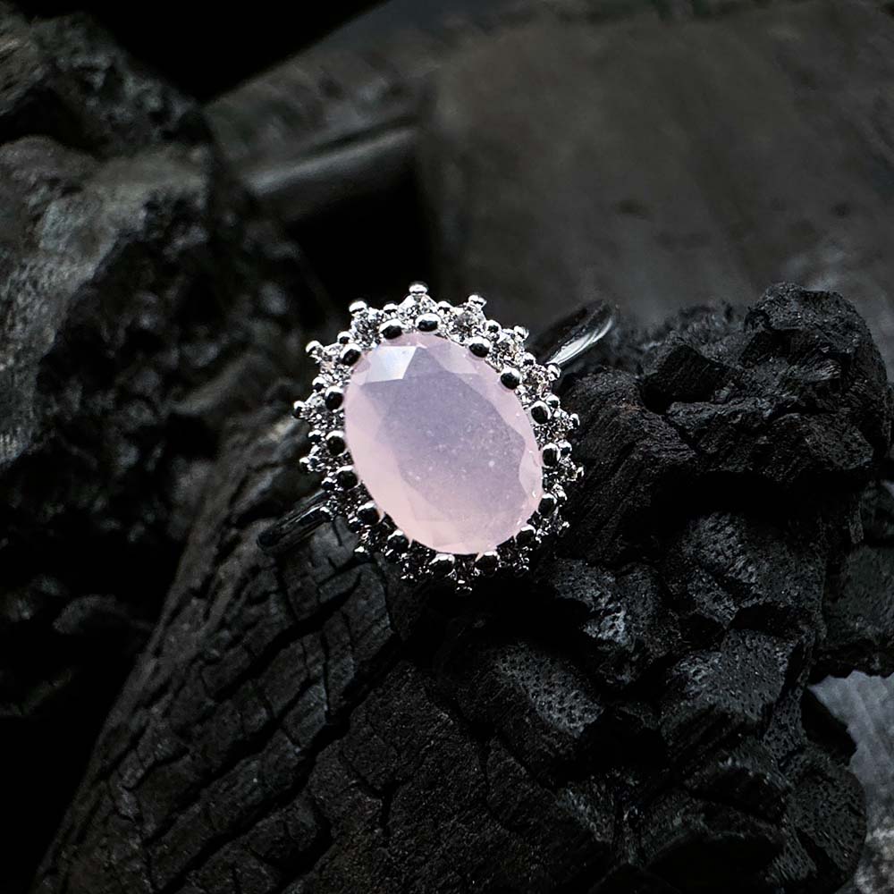 Elegant Oval Pink Rose Quartz Halo Ring