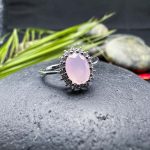 Elegant Oval Pink Rose Quartz Halo Ring