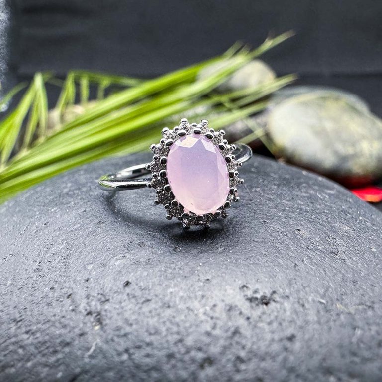 Elegant Oval Pink Rose Quartz Halo Ring