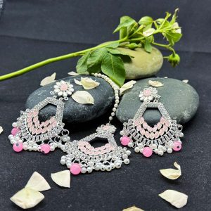 Elegant Pink Petal Earrings and Tikka Set - Nazli Fashions