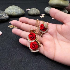 Golden Red Rose Necklace and Earring Set
