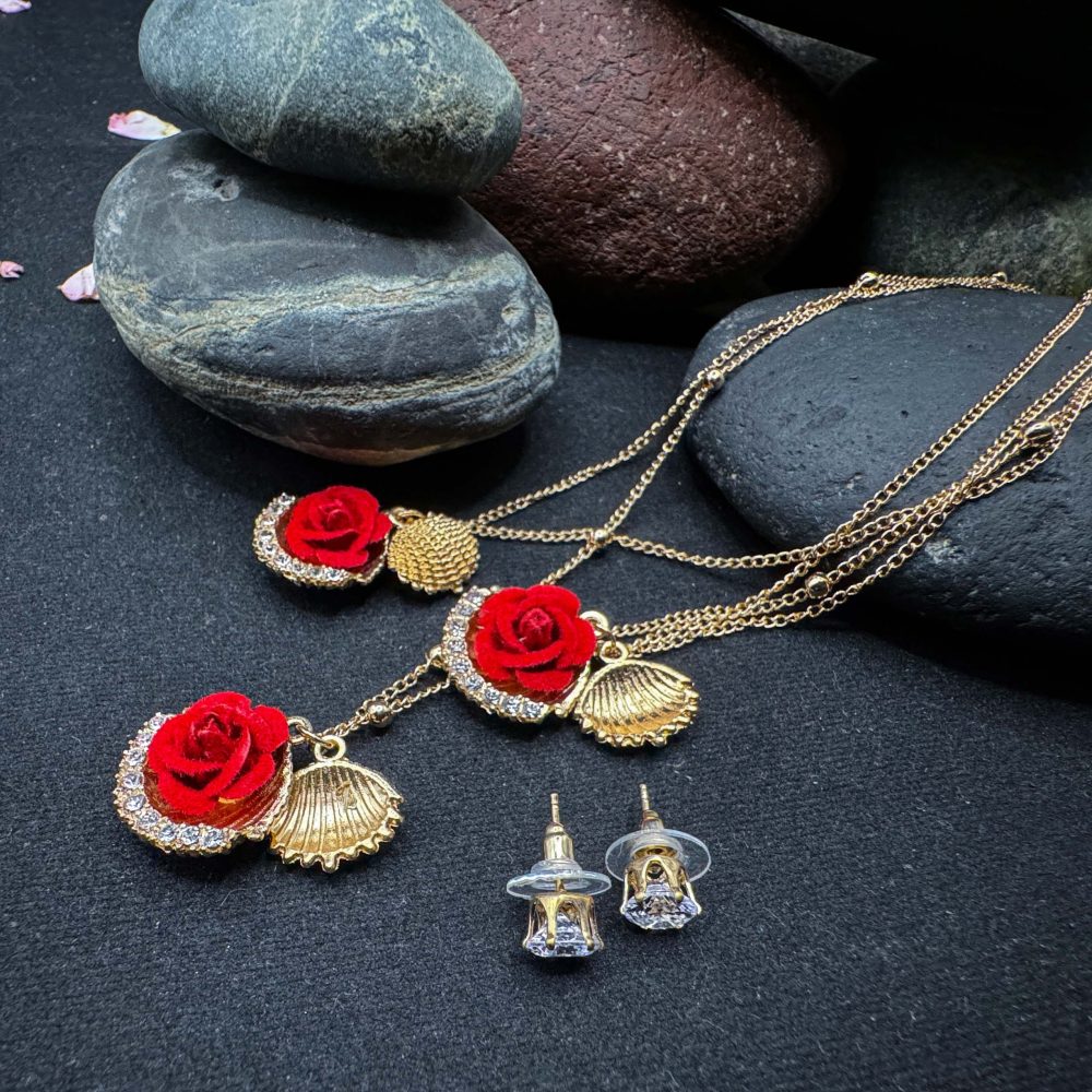 Golden Red Rose Necklace and Earring Set