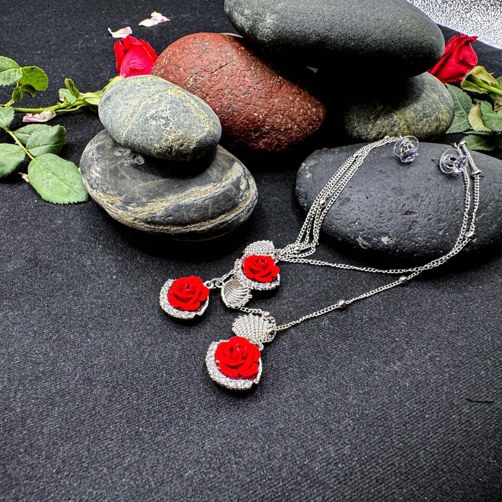 Red Rose Necklace and Earring Set