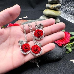 Red Rose Necklace and Earring Set