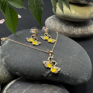 Yellow Enamel and Diamond Swan Necklace & Earring Set