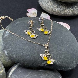Yellow Enamel and Diamond Swan Necklace & Earring Set
